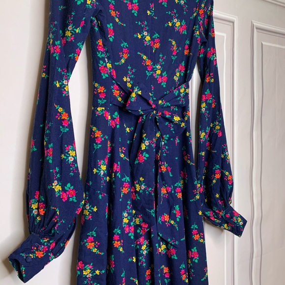 BLUE, VINTAGE DRESS w/ pink+orange floral. SMALL. - Picture 5 of 7